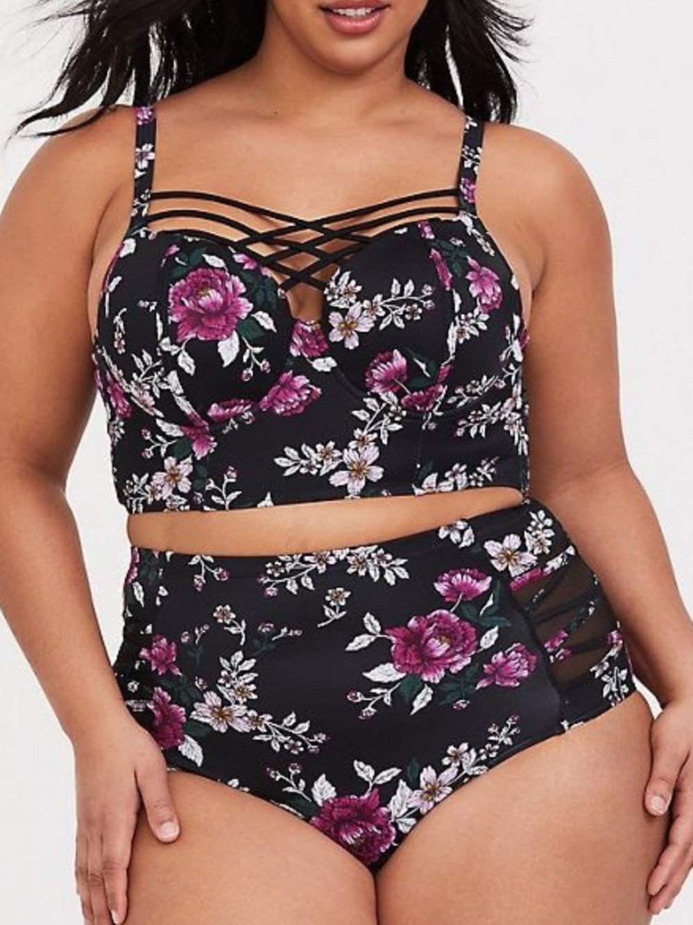 Torrid Black 2 piece Bikini Black Pink White Floral Print 12/14